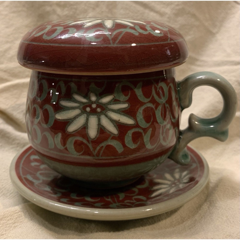 Rare Maroon-Korean Celadon Tea Diffuser Set-(4 Piece) Korean Aster Floral Motif-